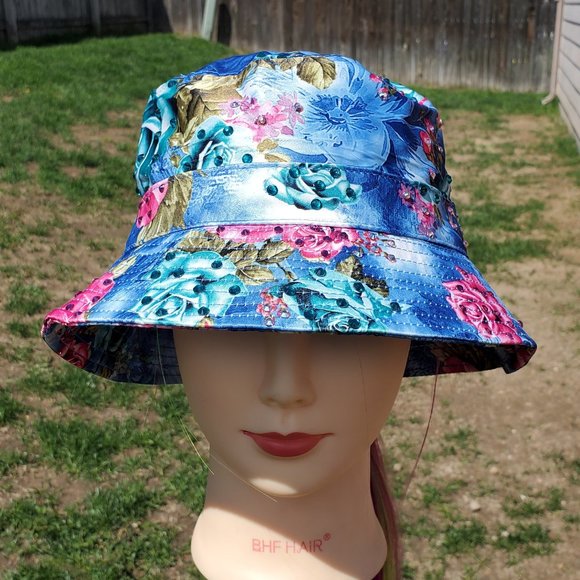 Ladies Blue Flowered Bucket BLING Hat NEW - Picture 1 of 4